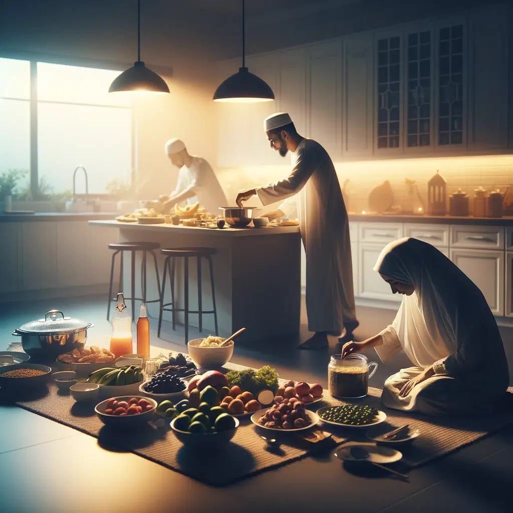 Family preparing Suhoor in a dimly lit kitchen, with members engaging in tasks like cooking and setting the table, emphasizing the communal and serene start to the day.