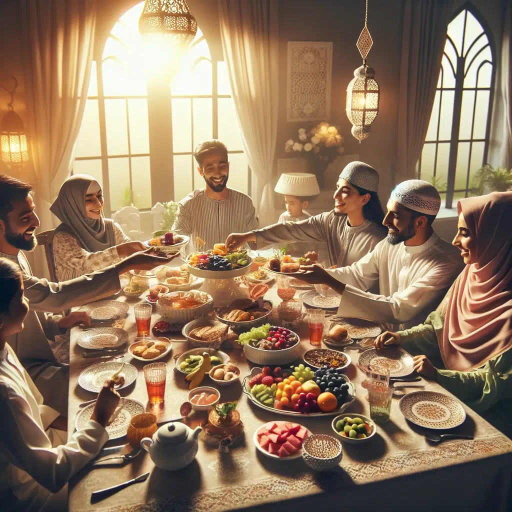 Family joyfully gathered around a dinner table during Iftar, sharing a feast of diverse dishes and sweets in a room bathed in soft evening light, symbolizing gratitude and togetherness.