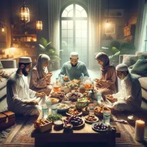 Muslim family gathered around a table for Suhoor and Iftar during Ramadan, sharing a variety of traditional meals in a cozy home setting.