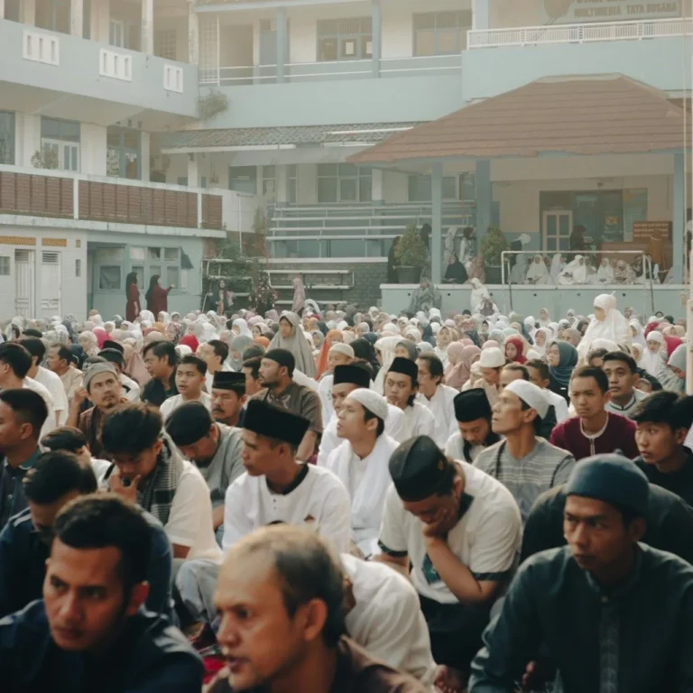 Muslims gathered for Jummah prayer, seated in rows, engaging in quiet reflection before the commencement of the Friday sermon.