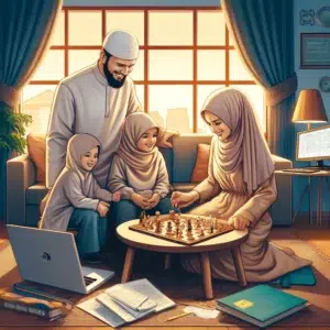 A Muslim family together, with parents and children engaged in various activities, symbolizing a harmonious balance between work and family life.