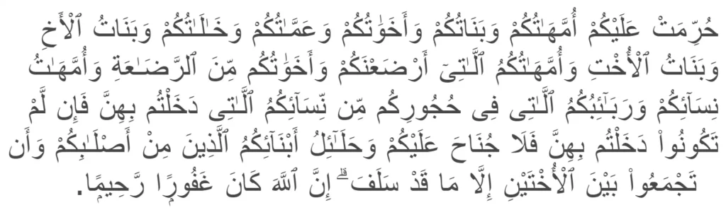 Surah An-Nisa verses 23 about the mahram in Islam to whom marriage is forbidden.