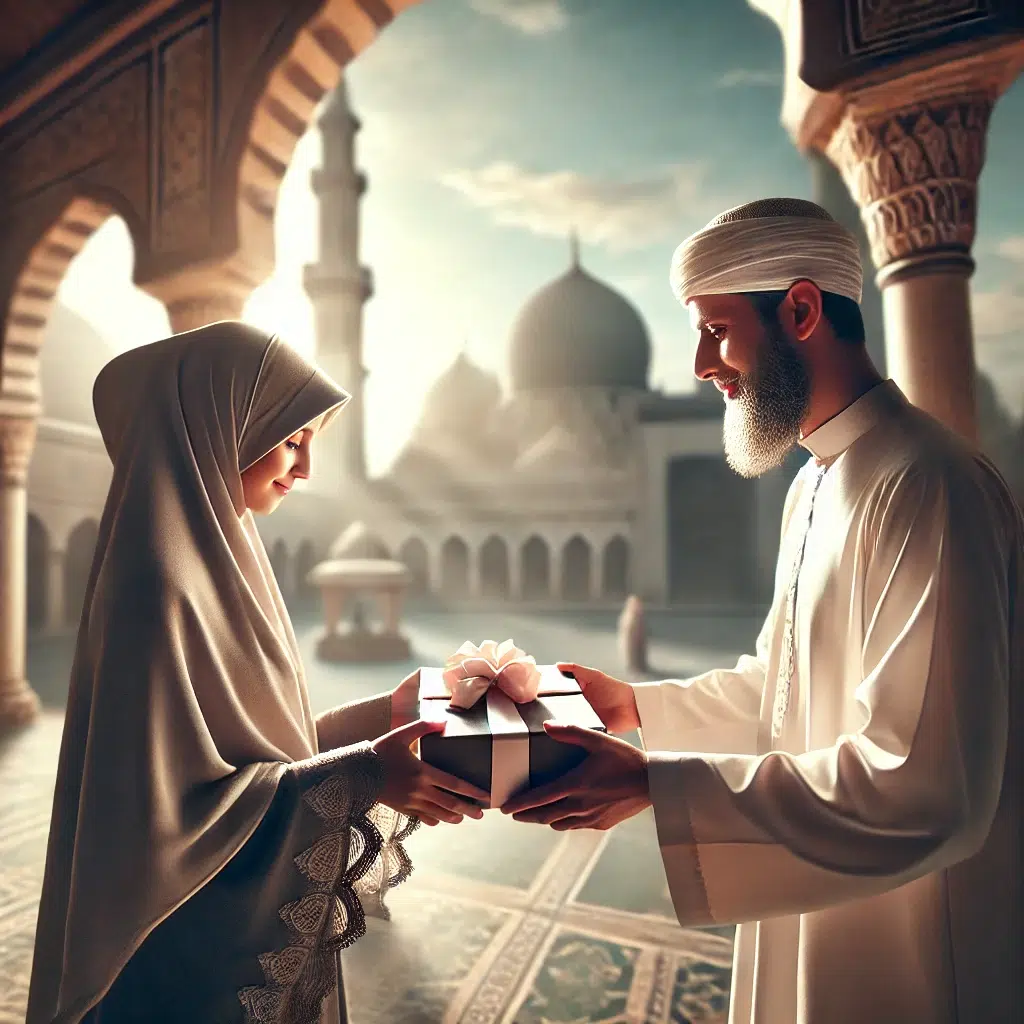 An Islamic scene showing two individuals exchanging gifts, symbolizing generosity and kindness in a peaceful courtyard with traditional Islamic architecture in the background. The image reflects the spirit of Hiba in Islam, with a warm, respectful gesture of giving.