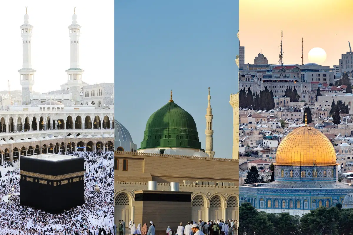 Holiest sites in Islam: A collage featuring the Kaaba in Mecca, the Prophet's Mosque in Medina with its iconic green dome, and the Dome of the Rock in Jerusalem, representing the three most sacred places in the Islamic faith.