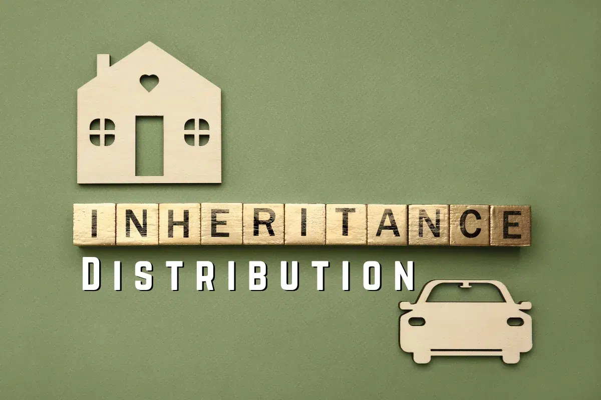 Wooden house and car symbols placed next to blocks spelling 'INHERITANCE DISTRIBUTION,' representing assets such as property and vehicles. Green background with text emphasizing inheritance allocation.