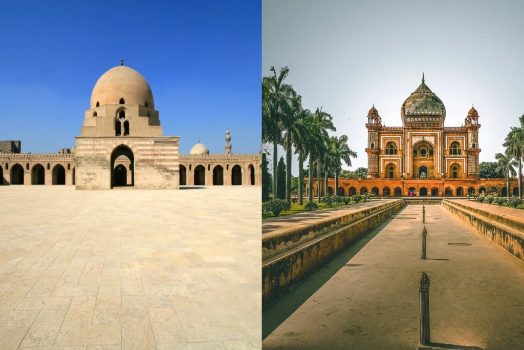 Two iconic Islamic architectural sites featuring expansive courtyards and gardens, symbolizing tranquility and spiritual reflection, with intricate designs showcasing the harmonious integration of nature and space in Islamic architecture."