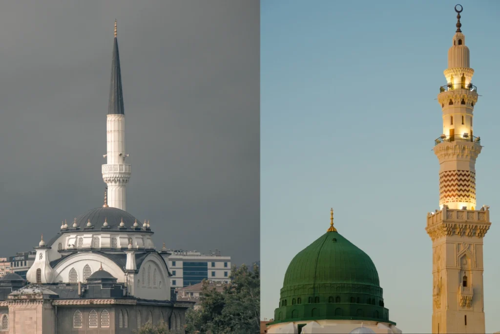 A comparison of two iconic Islamic architectural structures: a traditional Ottoman mosque with a tall minaret on the left and the green dome and minaret of Masjid an-Nabawi on the right.