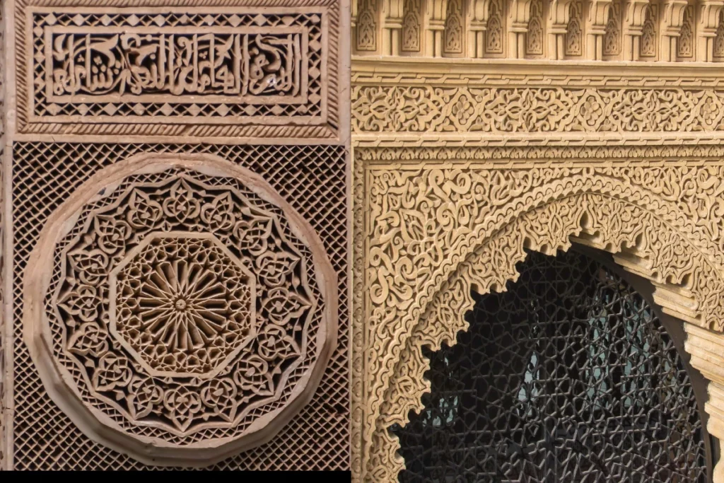 Intricate Islamic architectural details showcasing geometric patterns and Arabic calligraphy, highlighting the artistry and craftsmanship used to decorate religious and cultural structures.