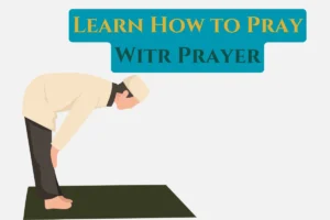 Illustration of a person in a prayer position, bowing in Ruku with the Learn How to Pray Witr Prayer.