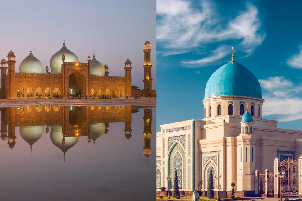 Two iconic Islamic architectural sites featuring expansive courtyards and gardens, symbolizing tranquility and spiritual reflection, with intricate designs showcasing the harmonious integration of nature and space in Islamic architecture.