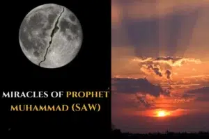 An image depicting two miraculous events of Prophet Muhammad (PBUH): the splitting of the moon and the stopping of the sun, symbolizing divine power and prophethood.