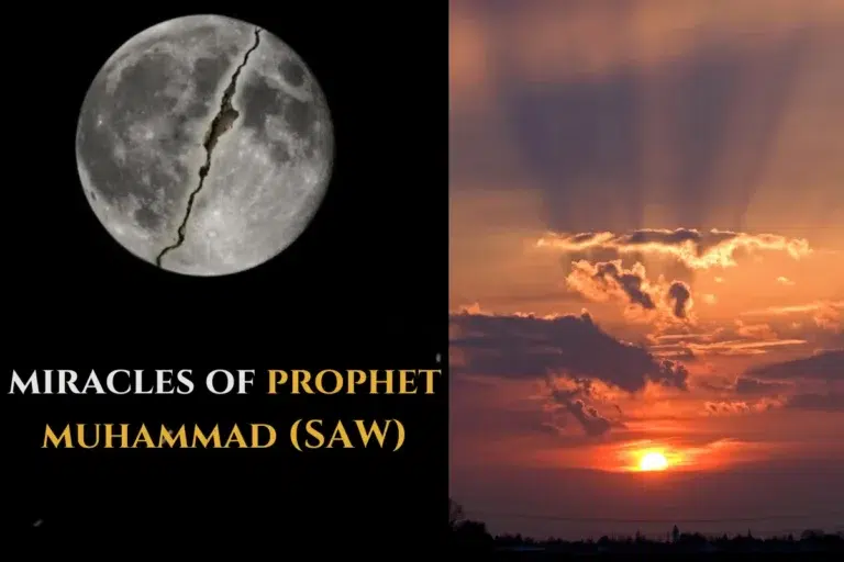 An image depicting two miraculous events of Prophet Muhammad (PBUH): the splitting of the moon and the stopping of the sun, symbolizing divine power and prophethood.