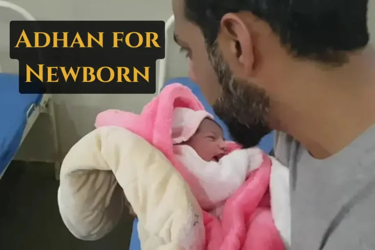 Father reciting the Adhan softly into the ear of his newborn, a beautiful Islamic tradition welcoming the child into faith from their very first moments.