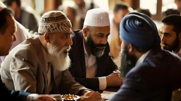 Group of diverse individuals, including new Muslim men in traditional attire, engaging in a thoughtful discussion in a communal setting.