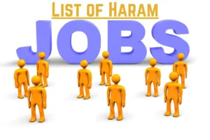 Illustration with bold text 'List of Haram Jobs' in yellow and purple, surrounded by orange humanoid figures representing people. The design emphasizes the topic of prohibited occupations in a visually engaging manner.