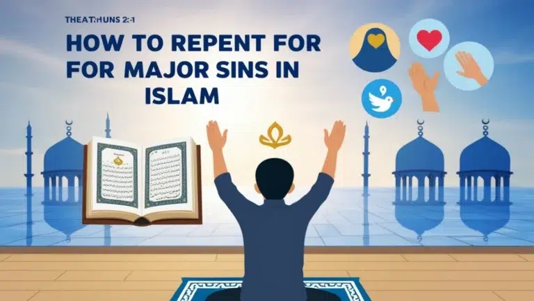 Illustration of a person praying with raised hands on a prayer mat, an open Quran, mosque domes in the background, and text saying 'How to Repent for Major Sins in Islam.