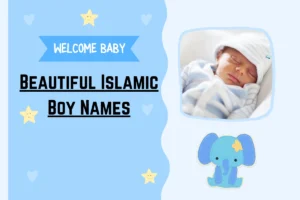 A baby boy sleeping peacefully in a light blue outfit, with the text 'Beautiful Islamic Boy Names' and cute star and elephant illustrations on a blue background.