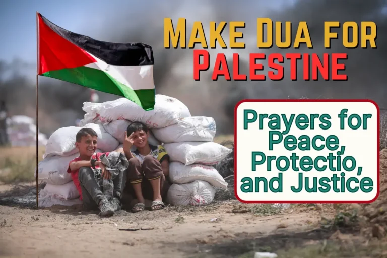 Two young boys sitting behind sandbags with the Palestinian flag raised beside them, accompanied by the text 'Make Dua for Palestine – Prayers for Peace, Protection, and Justice.