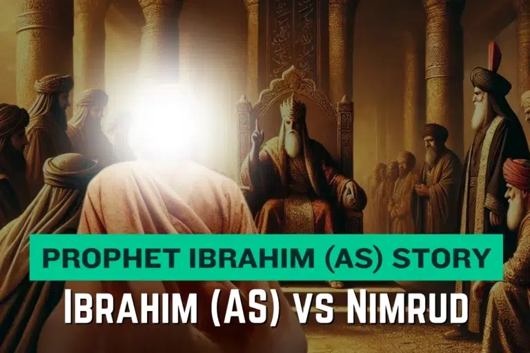 The image depicts Prophet Ibrahim (AS) standing before King Nimrud in a grand hall, with a glowing light representing the divine presence around the Prophet. Nimrud, seated on an ornate throne, is surrounded by royal guards and advisors dressed in traditional robes and turbans, emphasizing the historical setting of the confrontation. The text overlay reads "Prophet Ibrahim (AS) Story: Ibrahim (AS) vs Nimrud", highlighting the famous dialogue between the Prophet and the tyrant king about faith and power.