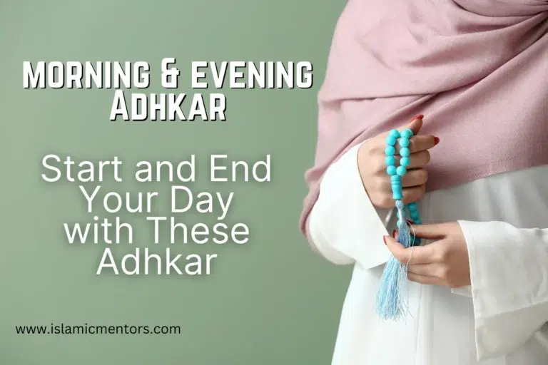 A woman holding turquoise prayer beads, with the text 'Morning & Evening Adhkar - Start and End Your Day with These Adhkar' on a soft green background, promoting daily Islamic supplications.