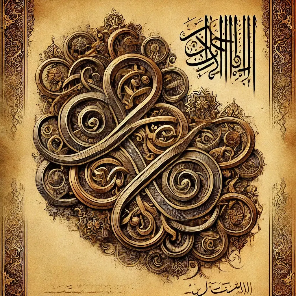 Here is an artistic representation of Diwani Script, showcasing its intricate, intertwined letters and decorative flourishes, historically used in Ottoman royal decrees. 