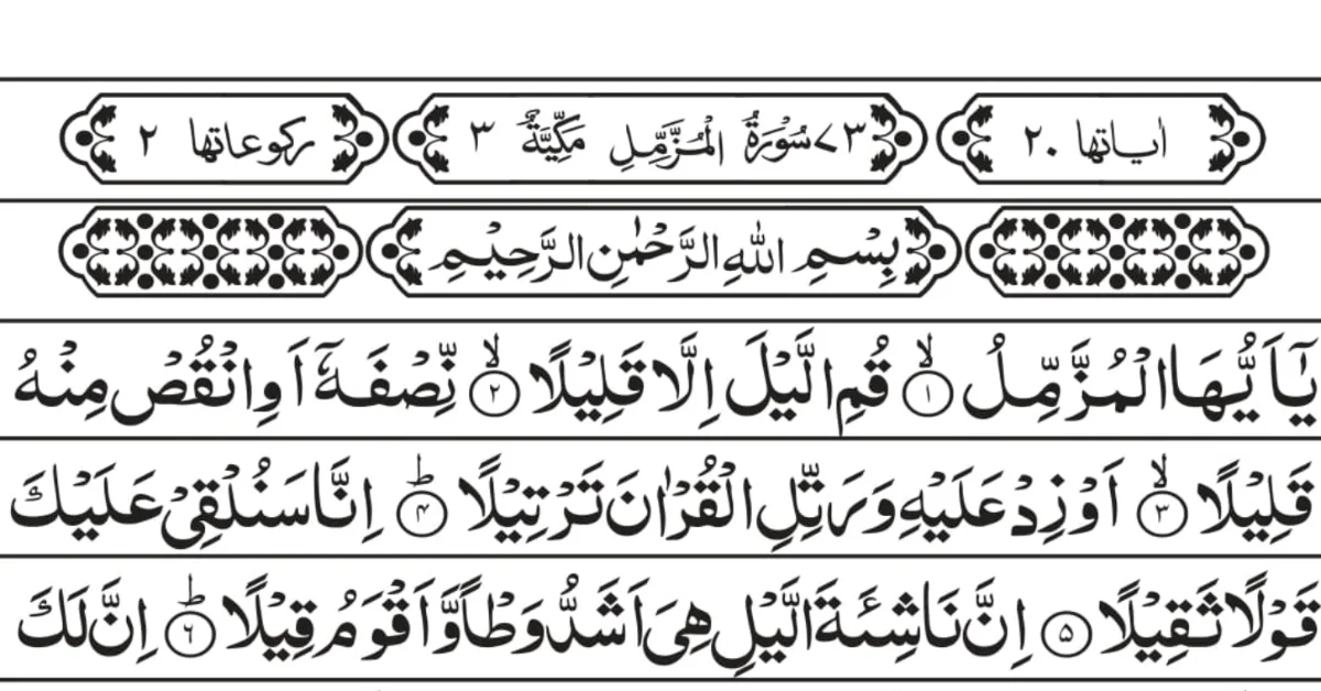 Image of Surah Muzammil Arabic text highlighting the spiritual and emotional benefits of Surah Muzammil in building faith and inner peace.