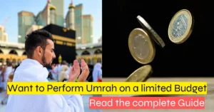 Muslim man praying at Kaaba in Makkah next to floating euro coins, highlighting the concept of performing Umrah on a limited budget with guide promotion text.