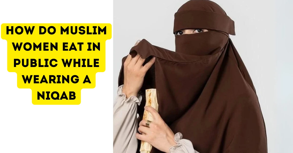 Muslim woman eating in public while wearing a niqab, lifting the face covering modestly to eat a wrap, demonstrating techniques for niqab and eating.