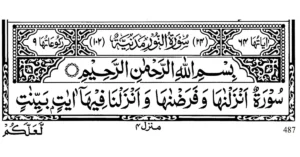 Arabic text image of the opening verse of Surah An Noor from the Quran, featuring ornate borders and traditional calligraphy, showing the Surah's title and verse 1.