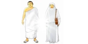 Illustration of a man and woman in Ihram clothing for Hajj and Umrah, highlighting modest attire for women as part of a ladies ihram guide.