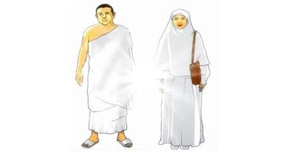 Illustration of a man and woman in Ihram clothing for Hajj and Umrah, highlighting modest attire for women as part of a ladies ihram guide.