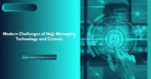 AI technology concept illustrating the Modern Challenges of Hajj, showing how Saudi Arabia uses artificial intelligence to manage crowds and enhance pilgrim safety during Hajj.