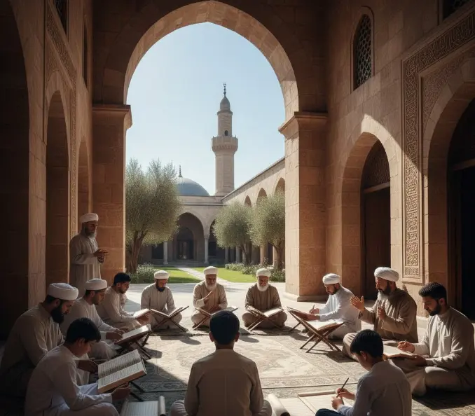 Group of Muslim men sitting in a mosque courtyard reading the Quran together, reflecting faith, learning, and community as they learn about Islam.