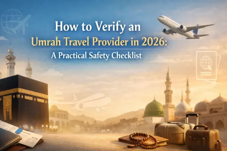 How to verify an Umrah travel provider in 2026 safety checklist illustration showing the Kaaba, Prophet’s Mosque, airplane, luggage, passport, and travel documents