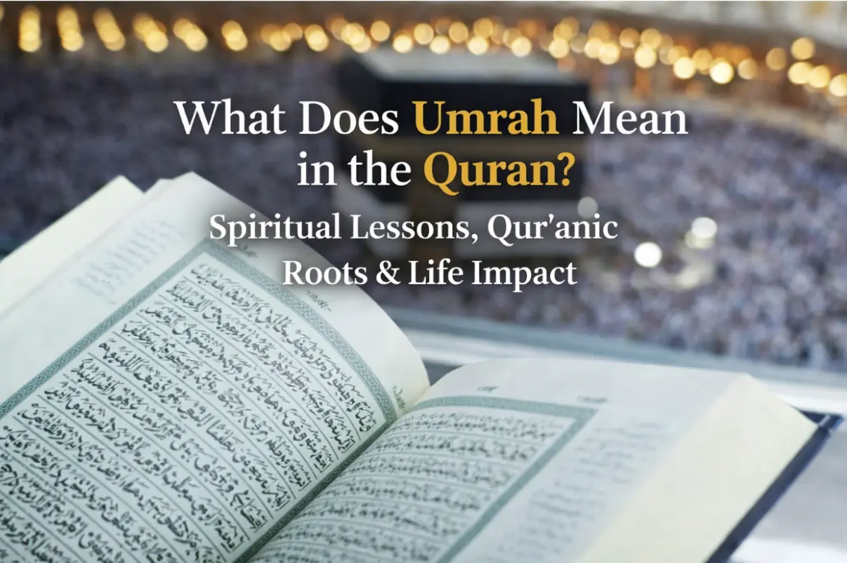Meaning of Umrah in the Quran explained with open Quran and Kaaba background showing spiritual significance of Umrah