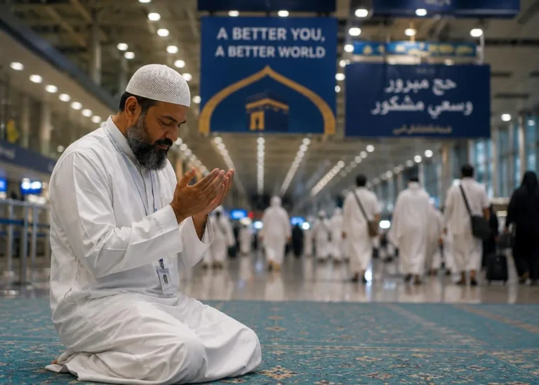 Muslim pilgrim sitting in prayer at a Hajj terminal while other pilgrims walk in the background.