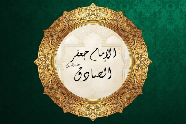 Elegant Islamic calligraphy of Imam Jafar al-Sadiq (AS) in black script within an ornate golden circular frame on a green decorative background.