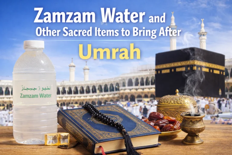 This image beautifully illustrates the Sacred Items to Bring After Umrah, featuring Zamzam water from the Zamzam Well, a Holy Quran, prayer beads (tasbeeh), and dates placed before the Kaaba inside Masjid al-Haram. These meaningful items symbolise the spiritual blessings pilgrims bring home after completing their sacred journey.